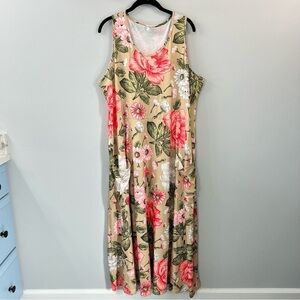 Floral Sleeveless Tan & Pink Round Neck Pocketed Maxi Dress 2XL